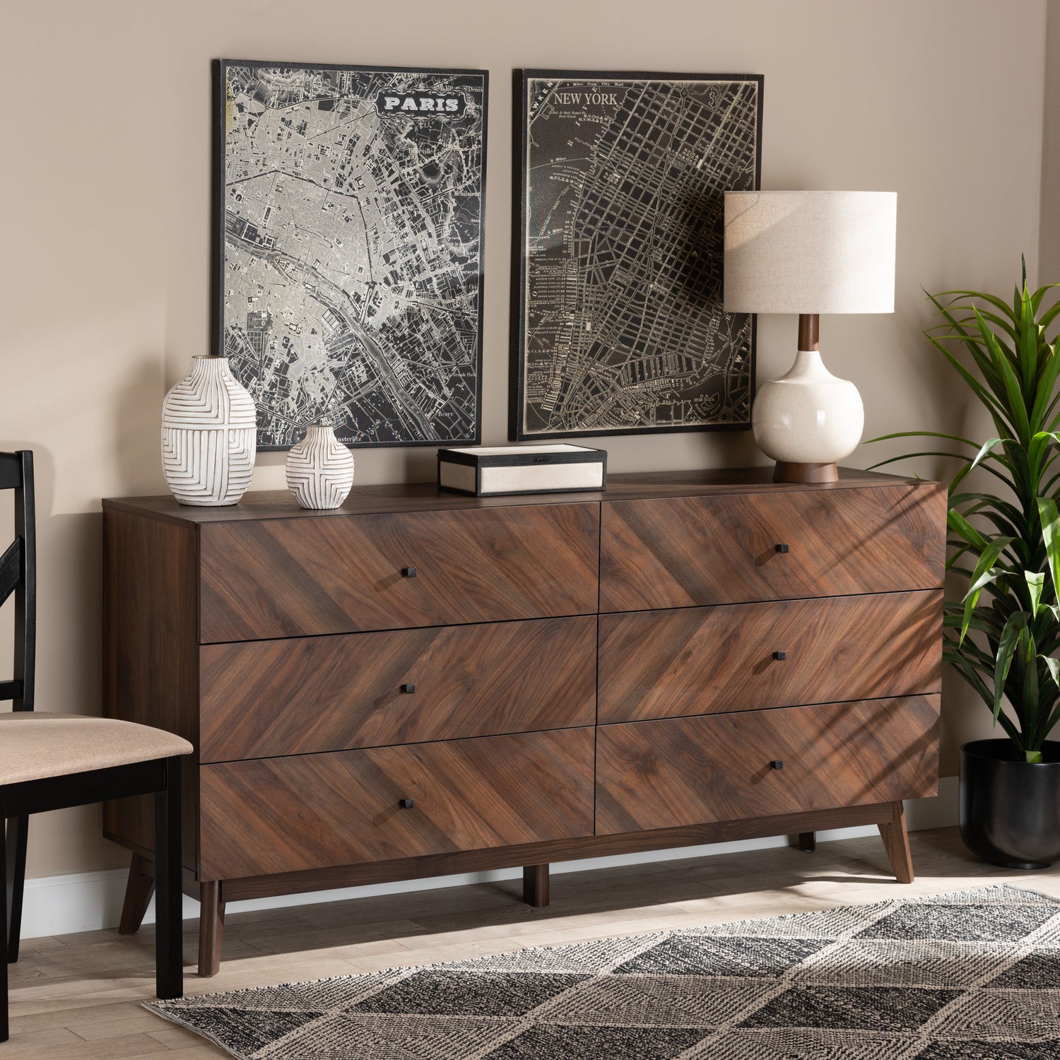 Hartman Mid-Century Modern Dresser Walnut Brown Finished Wood with 6 Drawers for Stylish Storage and Organization