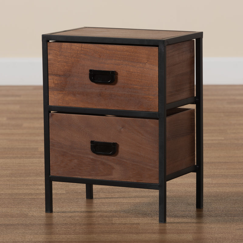 Hillard Modern Industrial End Table Walnut Brown Wood with Black Metal, 2-Drawer Design for Stylish Storage and Organization