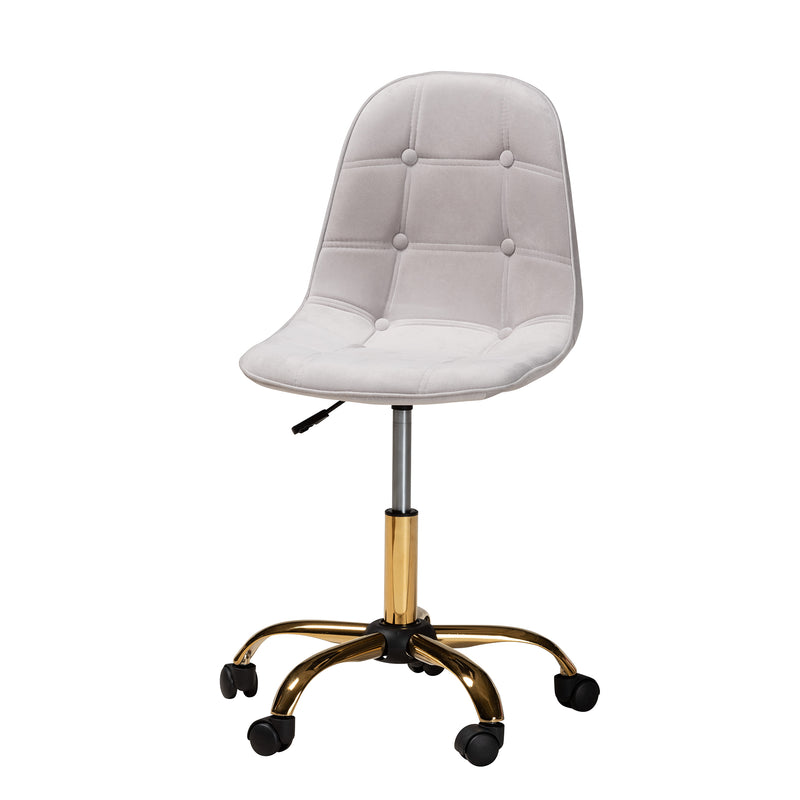 Kabira Office Chair Contemporary Glam and Luxe Grey Velvet Fabric with Gold Metal Swivel