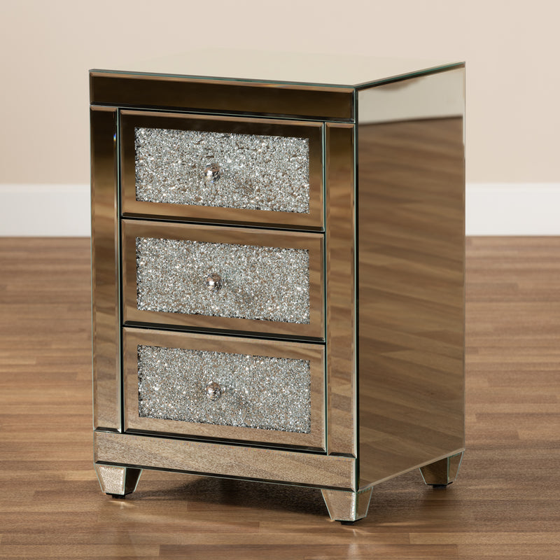 Ralston End Table Contemporary Glam Design with 3 Mirrored Drawers for Stylish Storage and Accent Decor