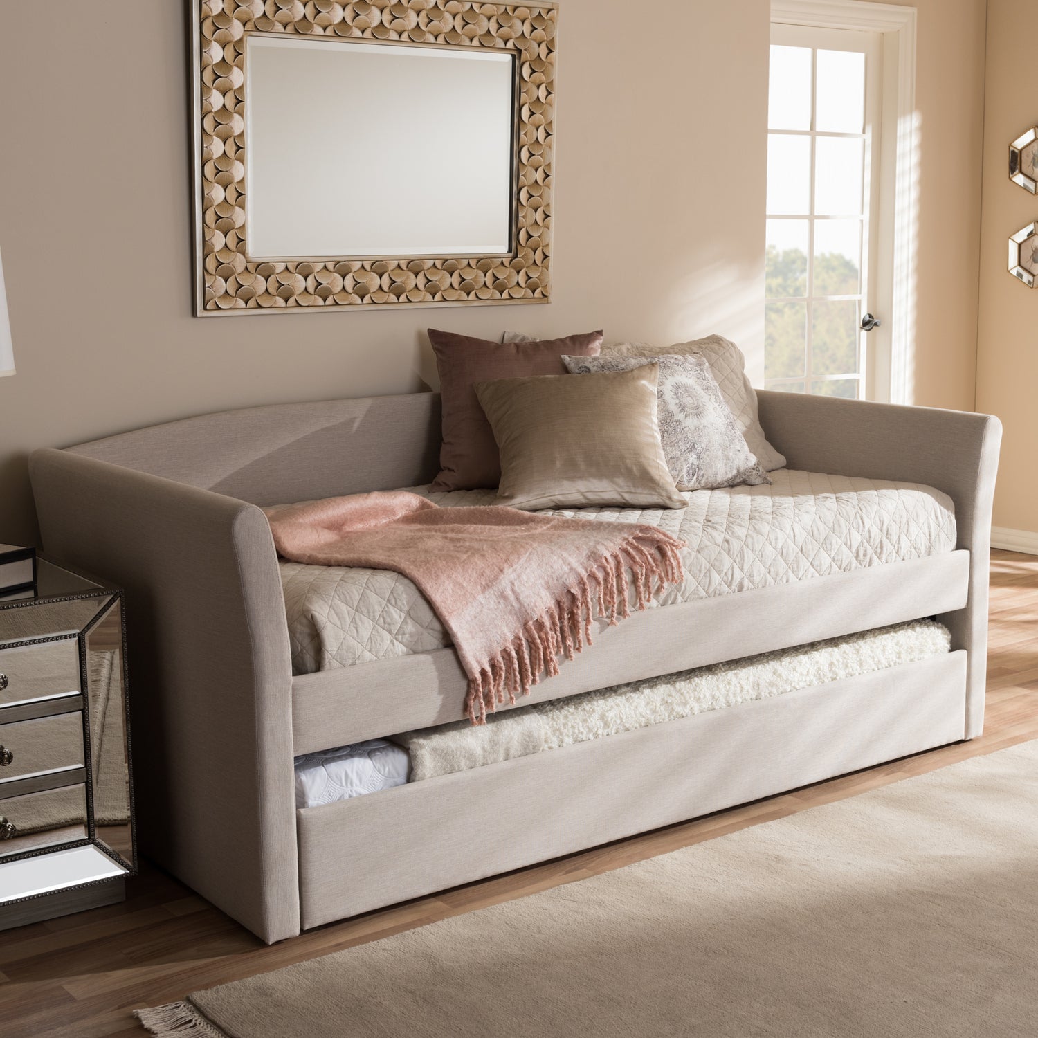 Camino Daybed - Modern and Contemporary Beige Fabric Upholstered with Guest Trundle Bed