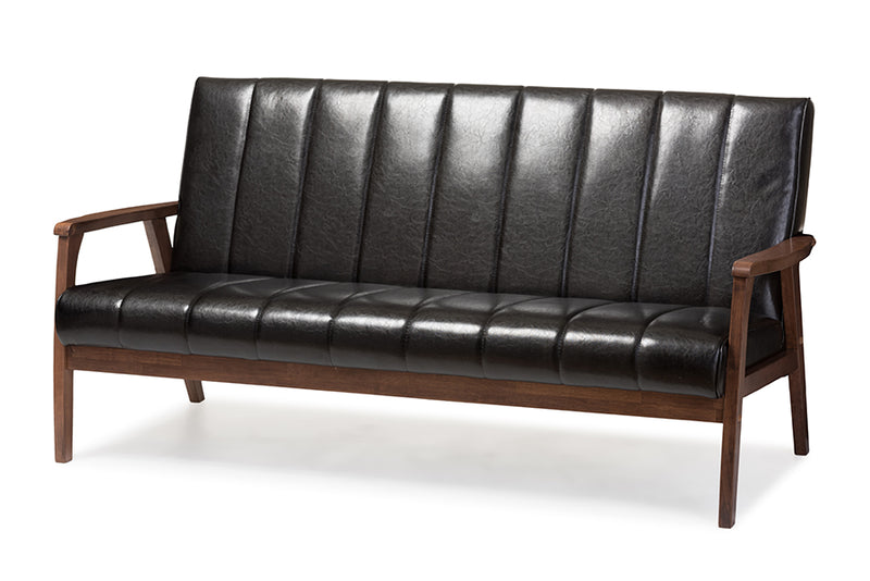 Nikko Sofa Mid-century Modern Scandinavian Style Black Faux Leather Wooden 3-Seater