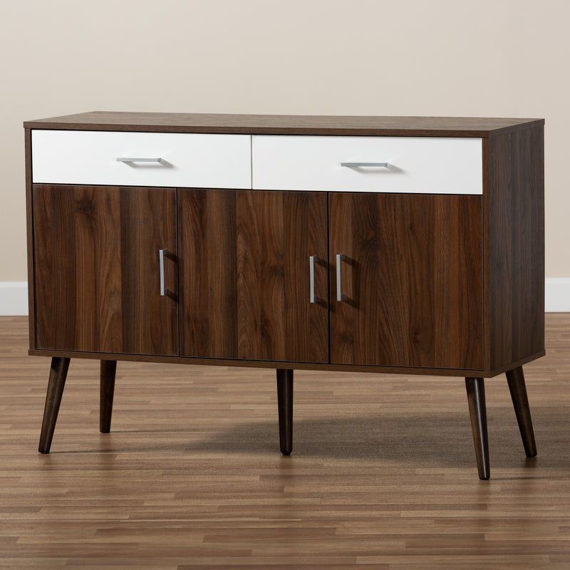 Leena Sideboard Mid-Century Modern Two-Tone White and Walnut Wood 2-Drawer Buffet for Dining Room Storage and Organization