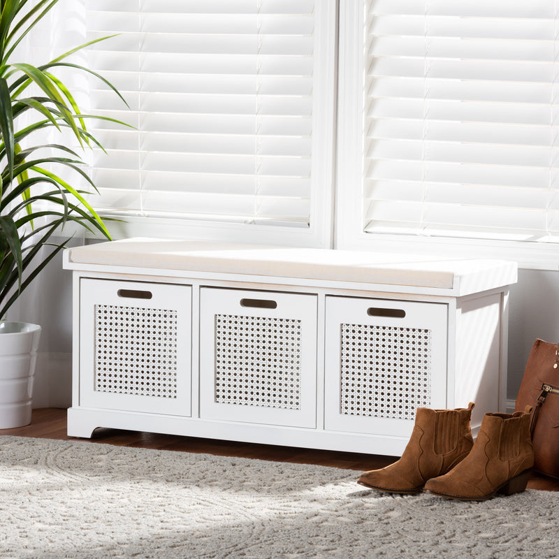 Tabor Storage Bench Modern Beige Fabric Upholstered with White Finished Wood and 3 Rattan Accent Baskets for Stylish Organization