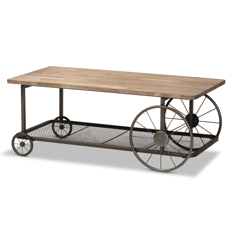 Terence Coffee Table Vintage Rustic Industrial Design with Natural Wood and Black Metal Wheels