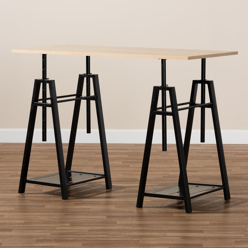 Mary Modern Industrial Height Adjustable Desk in Light Oak Wood and Black Metal Frame