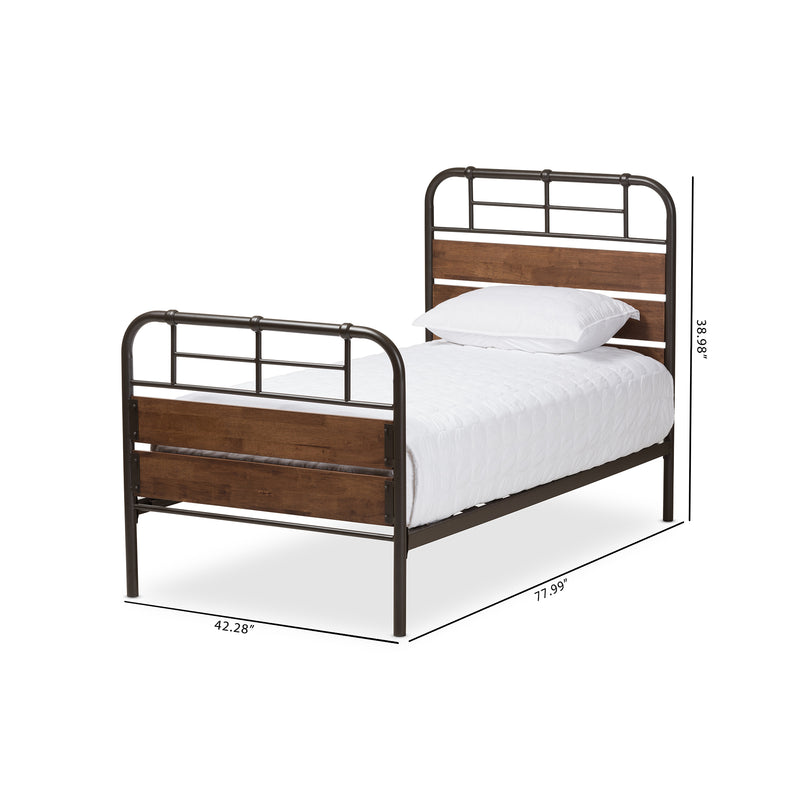 Monoco Twin Size Platform Bed Rustic Industrial Design with Black Metal and Coco Brown Wood