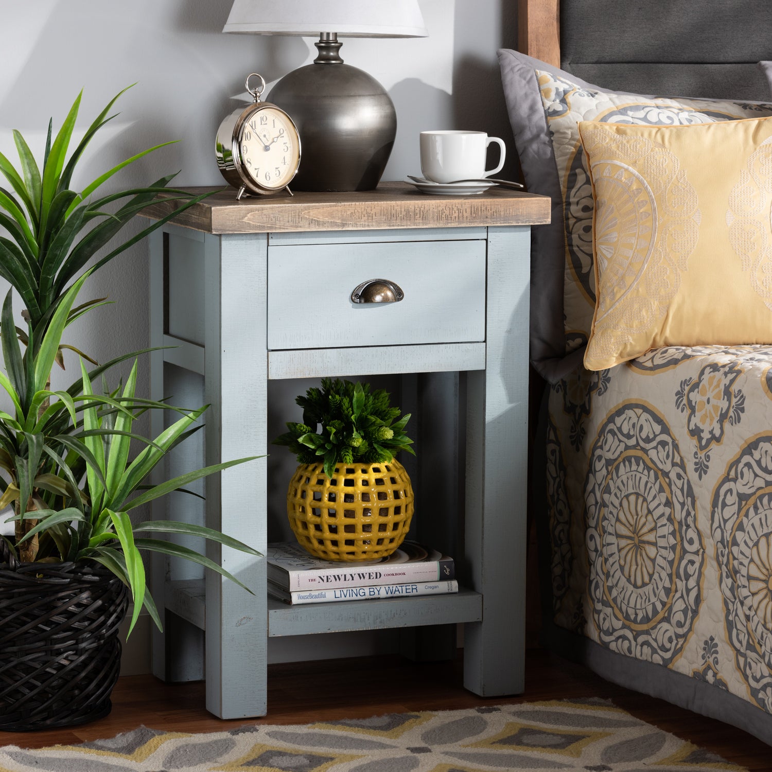 Hastin End Table Classic Two-Tone Grey and Antique Brown Wood with 1 Drawer for Living Room or Bedroom Storage