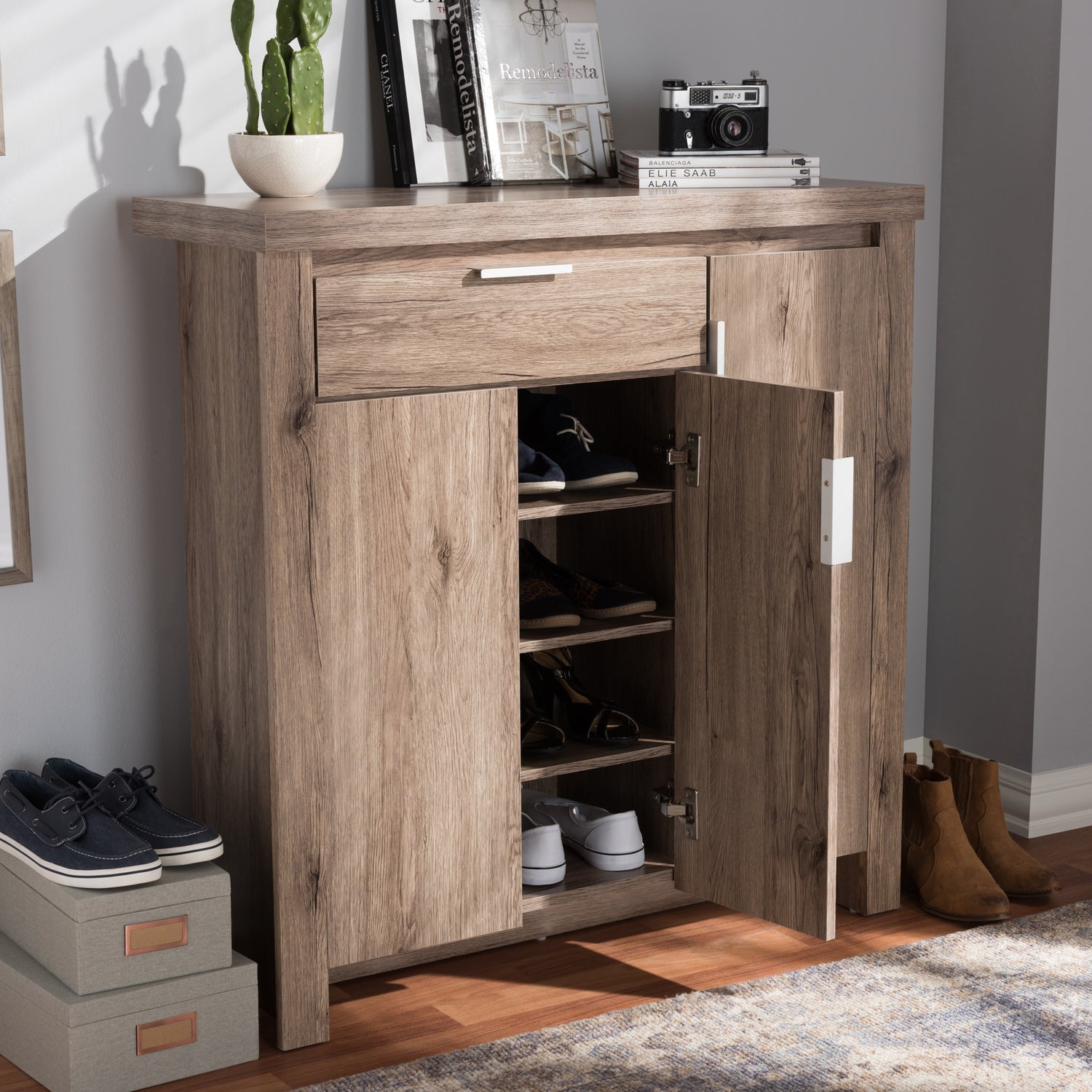 Laverne Shoe Cabinet in Modern Oak Brown Finish for Stylish Storage Solutions