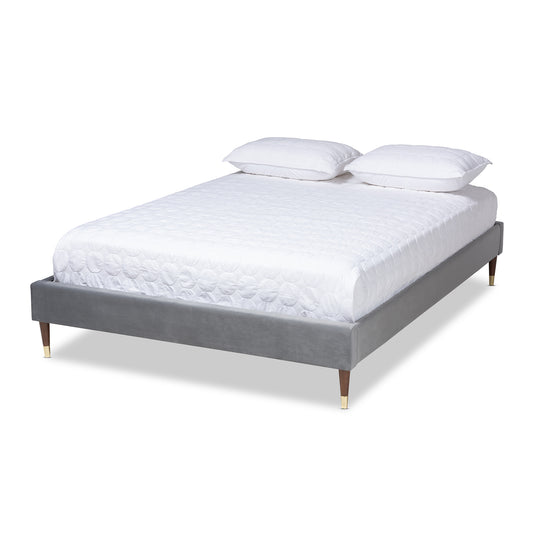 Volden Bed Frame - Glam and Luxe Charcoal Velvet Fabric Upholstered Wood Platform with Gold-Tone Leg Tips