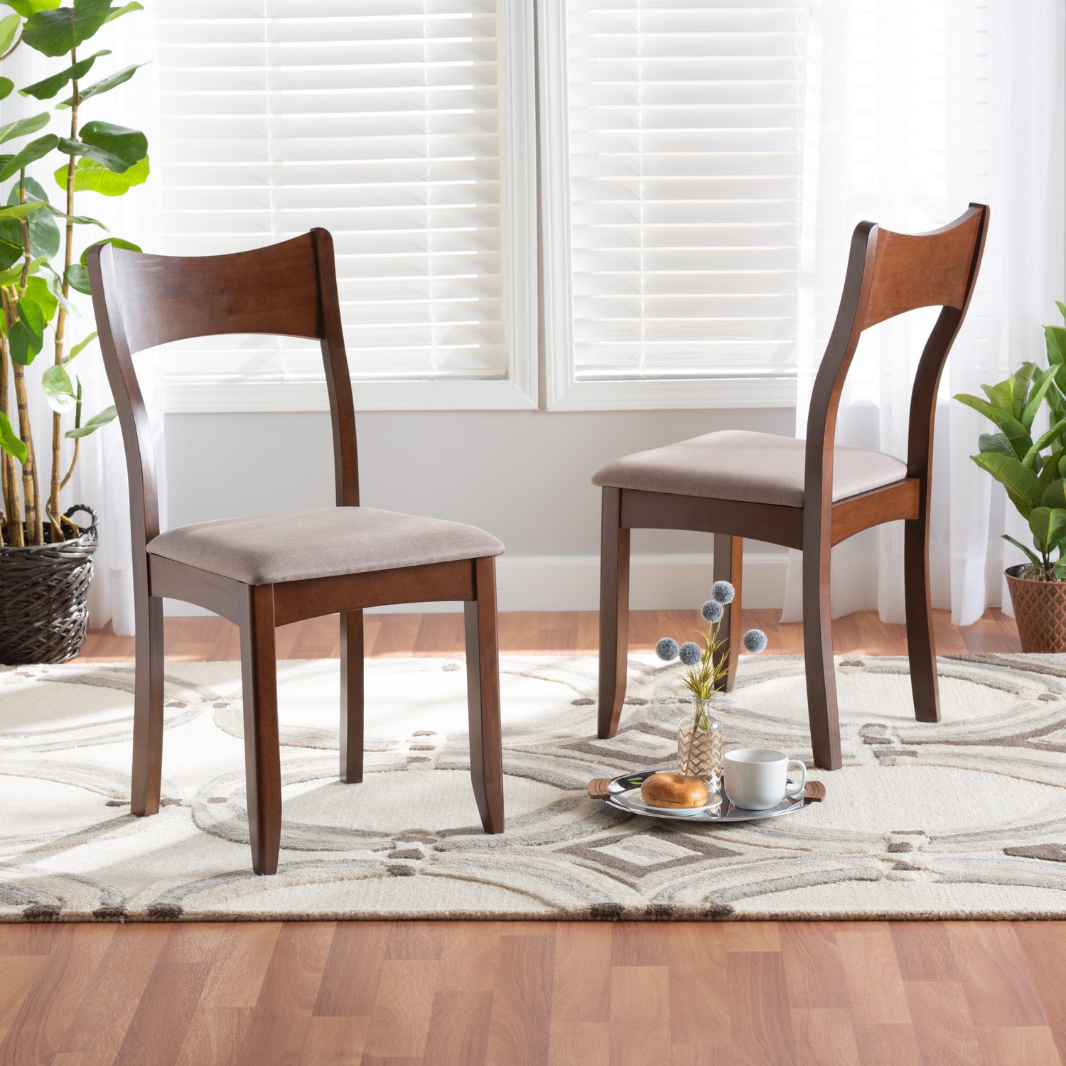 Adreana Mid-Century Modern Dining Chair Set 2-Piece Warm Grey Fabric and Dark Brown Wood Design for Stylish Dining Rooms