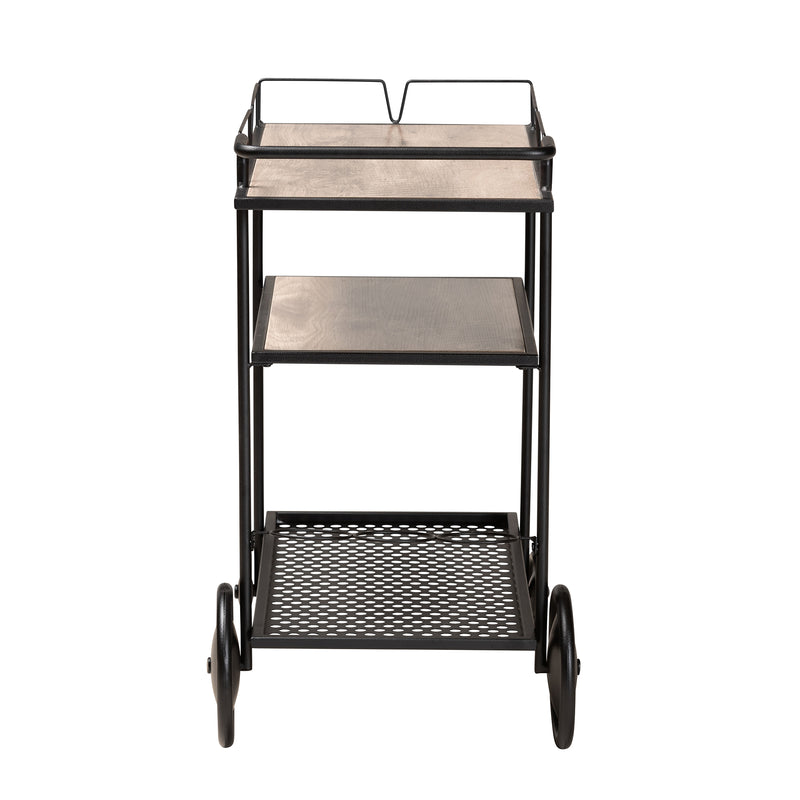 Huntley Mobile Wine Cart Modern Industrial Design with Walnut Brown Wood and Black Metal Frame