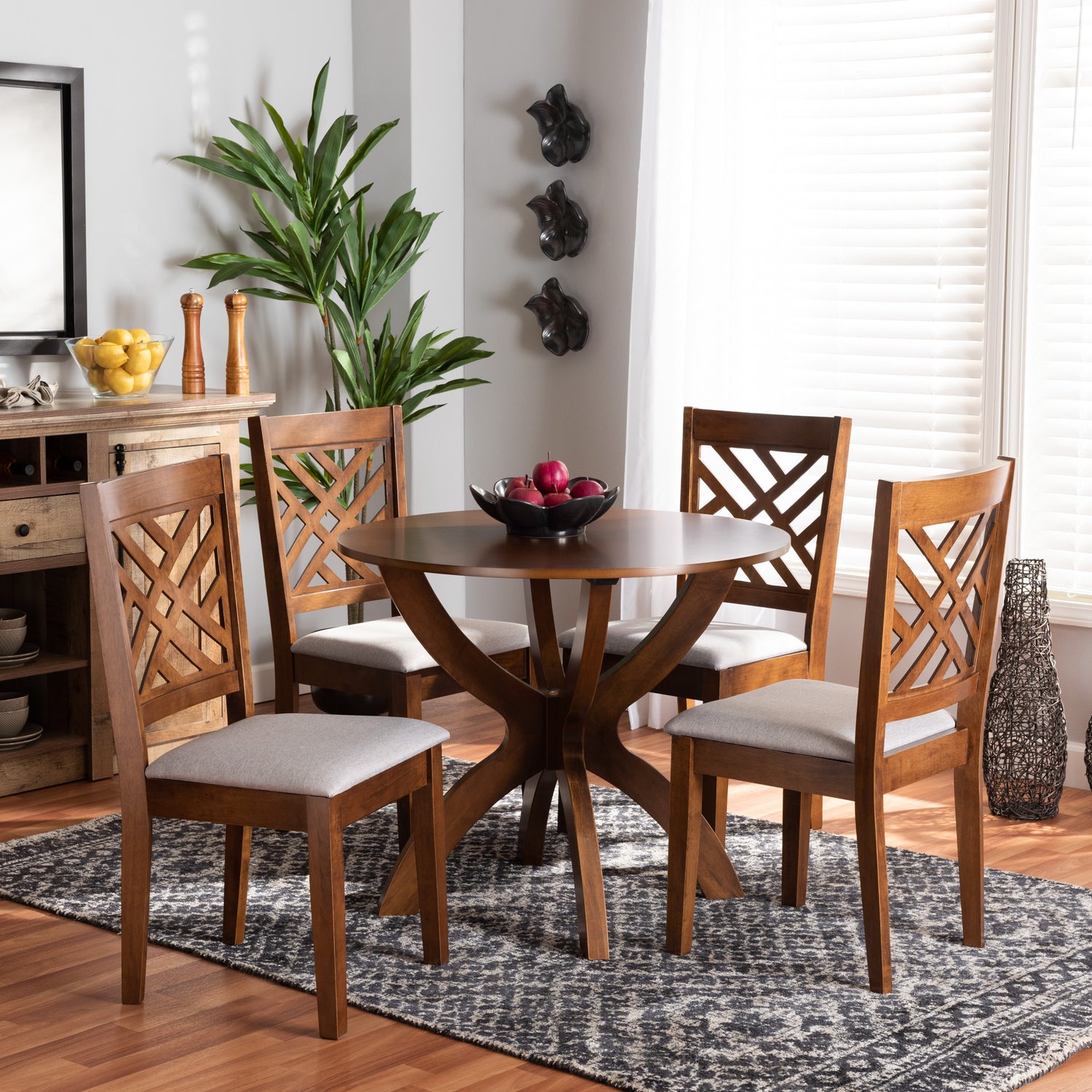 Edona 5-Piece Dining Set Modern Grey Fabric Upholstered Chairs with Walnut Brown Finished Wood Table