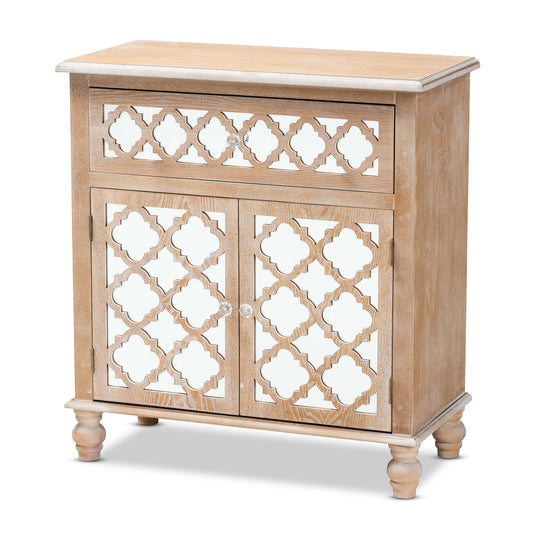 Leah Glam Rustic Oak Brown Wood and Mirrored 1-Drawer Quatrefoil Storage Cabinet for Farmhouse Decor and Stylish Organization