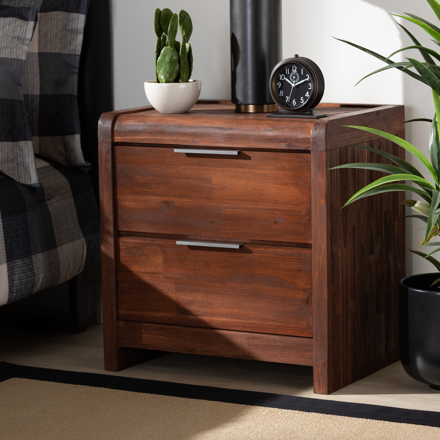 Torres Nightstand Modern Brown Oak Finished 2-Drawer Wooden Bedside Table with Storage