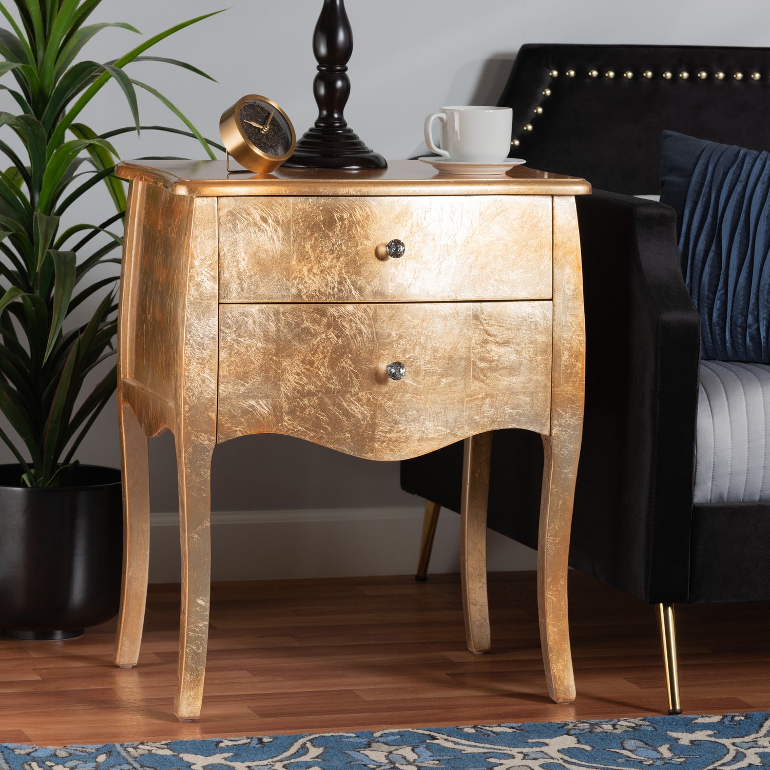 Patrice End Table Classic Traditional Gold Finished Wood Design with 2 Drawers for Stylish Storage and Decor