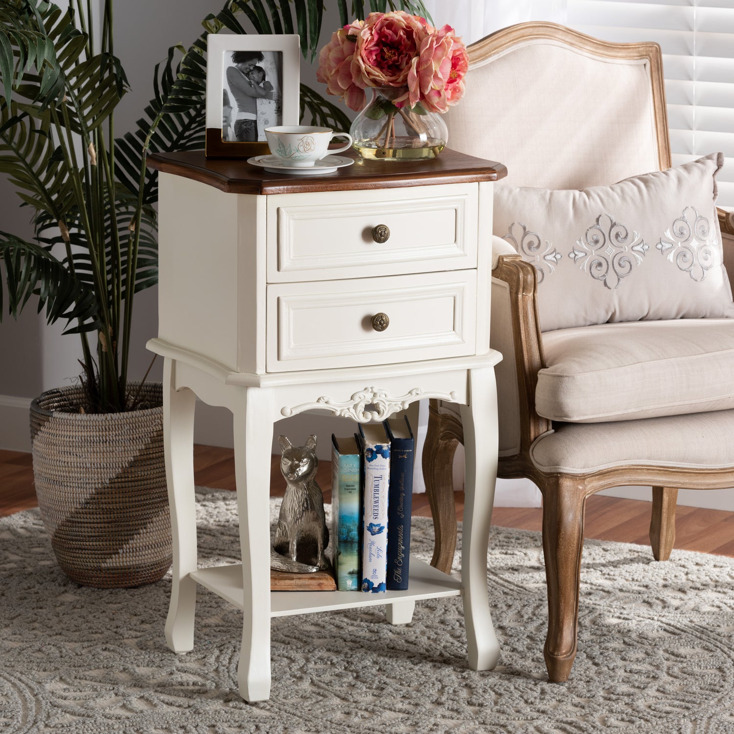 Darla End Table Classic French Design in White and Cherry Brown Finished Wood with 2 Storage Drawers