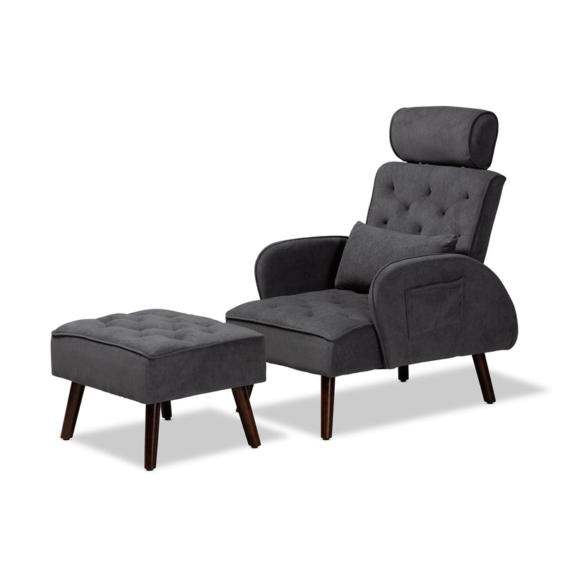 Haldis Recliner Chair and Ottoman Set Modern Contemporary Grey Velvet Fabric Upholstered Walnut Brown Finished Wood