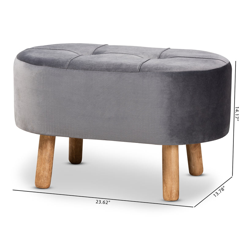 Simone Mid-Century Modern Ottoman Grey Velvet Upholstered Wood Footrest for Stylish Living Room Decor