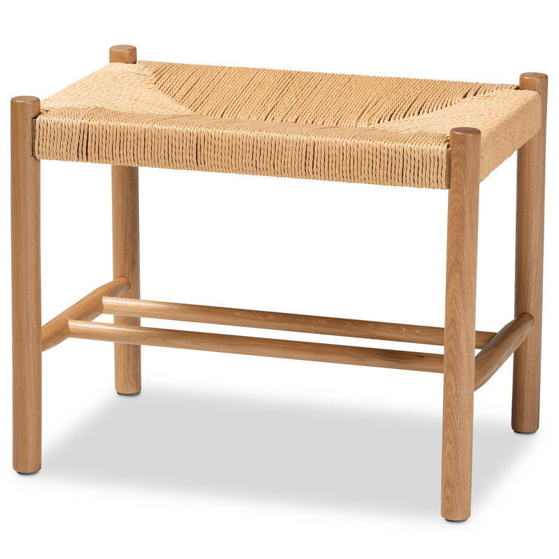 Saura Accent Bench Mid-Century Modern Oak Brown Wood with Hemp Upholstery for Stylish Home Decor