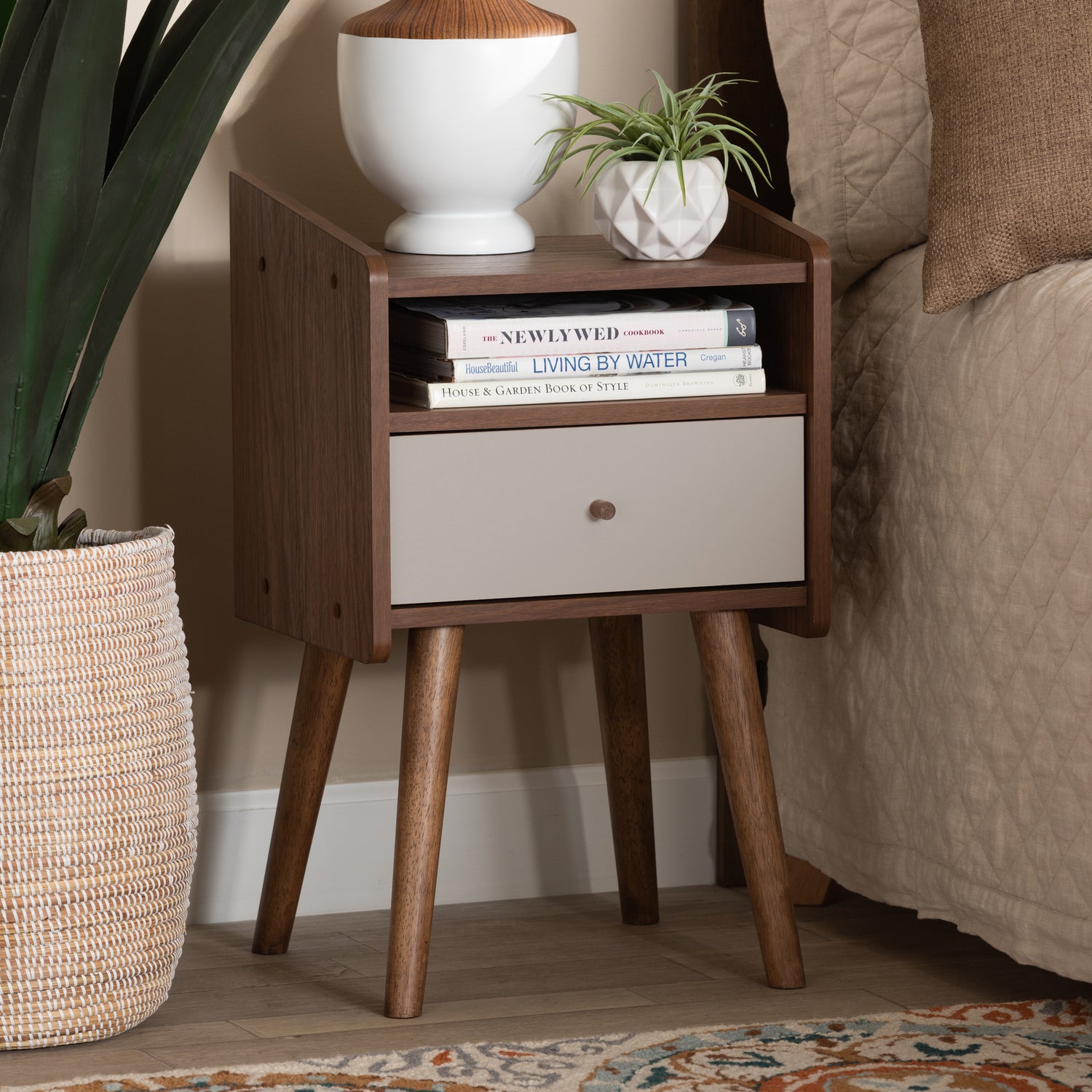 Elario Nightstand Mid-Century Modern 1-Drawer Design in Two-Tone Grey and Walnut Finished Wood