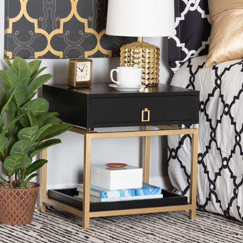 Melosa End Table Modern Glam and Luxe White Finished Wood and Gold Metal 1-Drawer