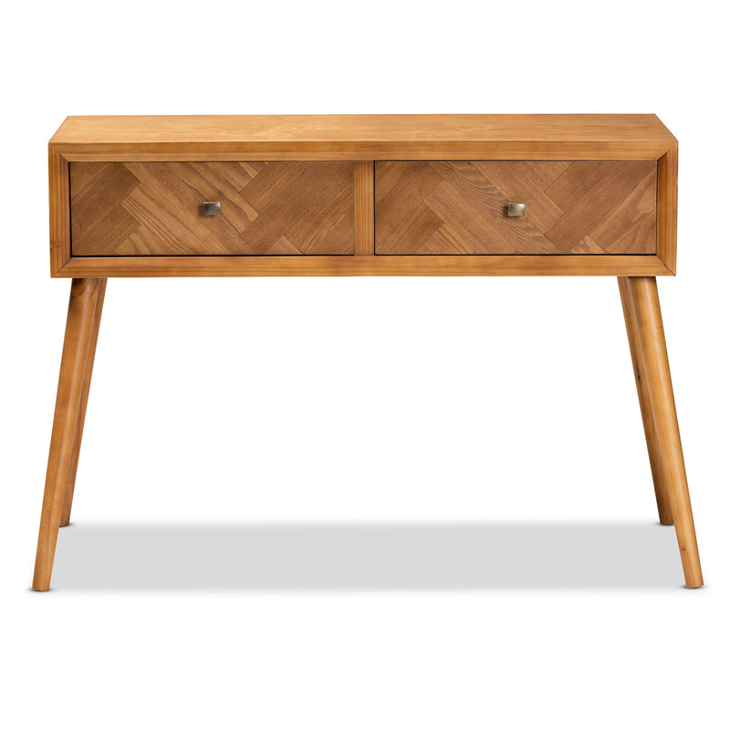 Mae Mid-Century Modern Console Table Natural Brown Wood with 2 Drawers for Stylish Storage and Display