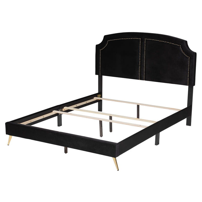 Oxley Queen Size Panel Bed in Glam Black Velvet with Gold Accents