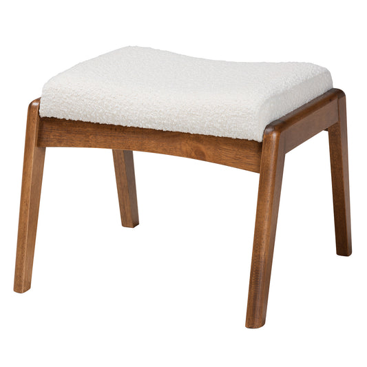 Roxy Ottoman Mid-Century Modern Off-White Boucle Upholstered Walnut Brown Finished Wood Footstool