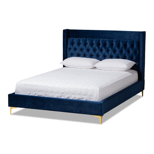 Valery Platform Bed - Modern and Contemporary Navy Blue Velvet Fabric with Gold-Finished Legs