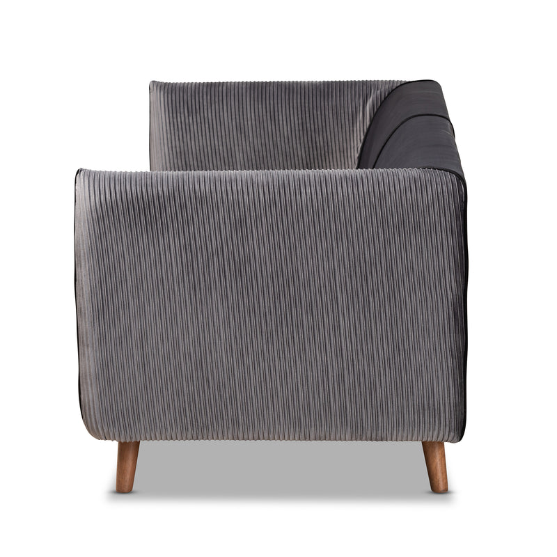 Beacher Sofa: Modern Grey Velvet Upholstered Sofa with Walnut Brown Wood Frame