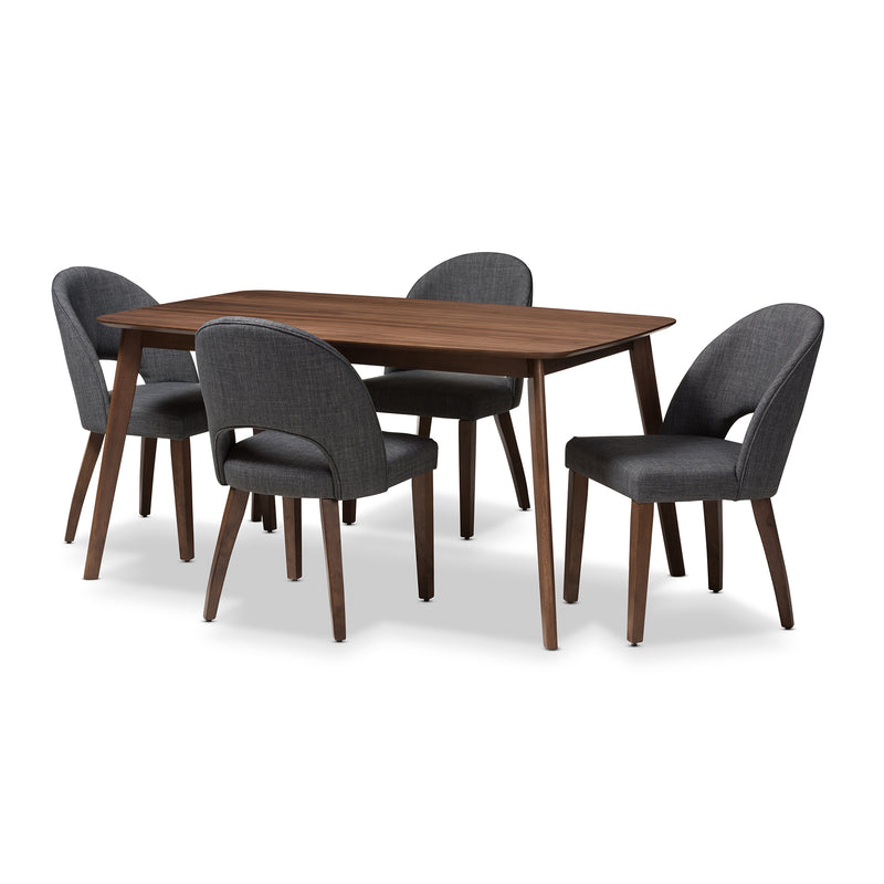 Wesley Dining Set Mid-Century Modern Dark Grey Fabric Upholstered Walnut Finished Wood 5-Piece