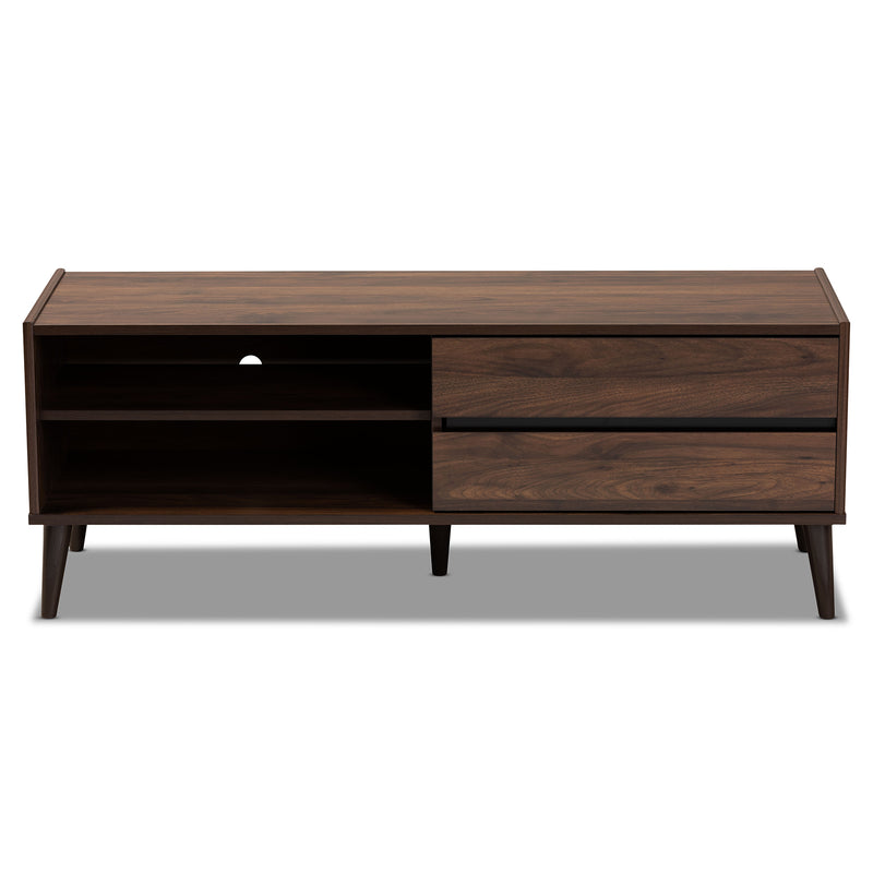 Suli Mid-Century Modern TV Stand Walnut Brown Wood with Storage and Stylish Design