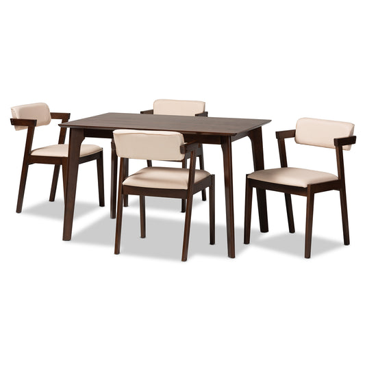 Althea Dining Set Mid-Century Modern 5-Piece Cream Fabric and Dark Brown Wood Collection for Stylish Dining Rooms