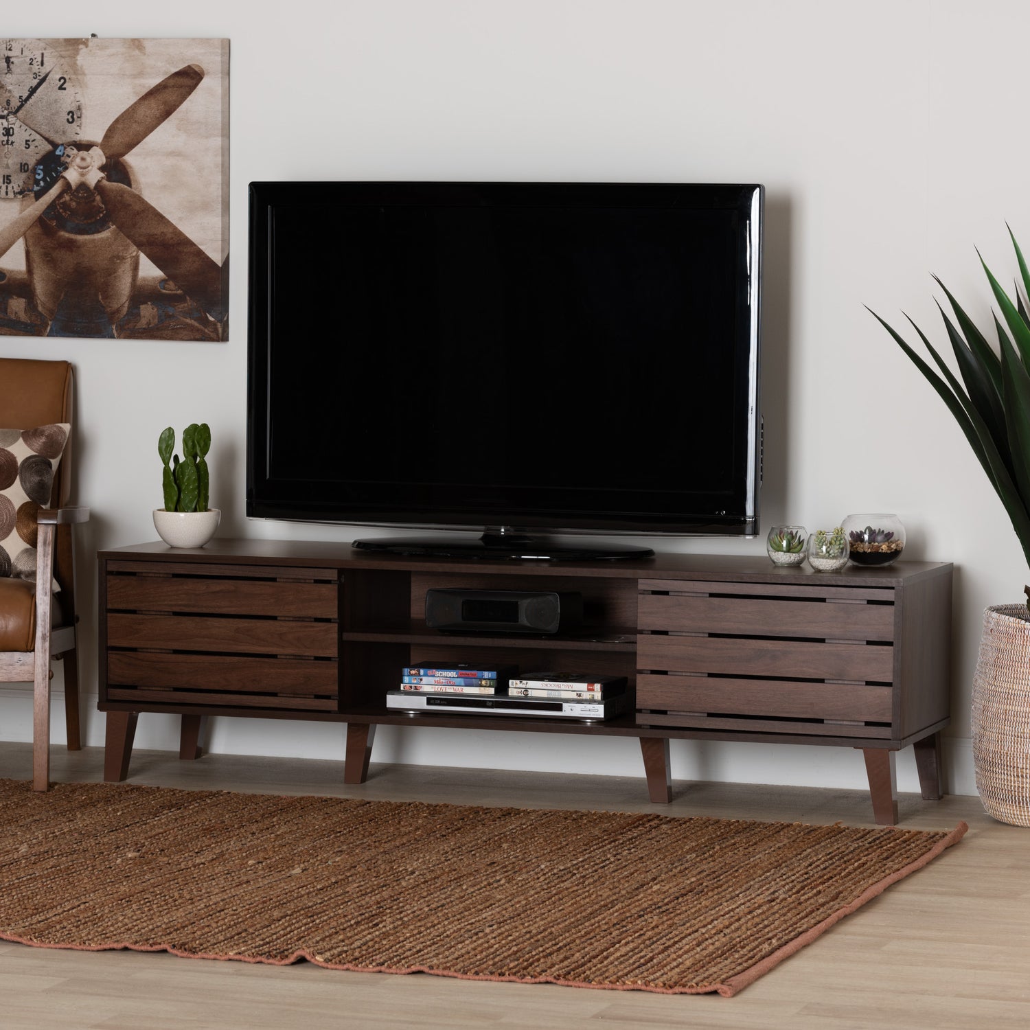 Teresina Mid-Century Modern TV Stand in Walnut Brown with 2 Doors for Stylish Living Room Storage