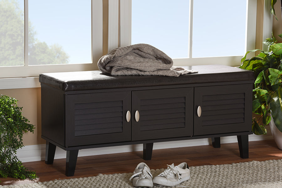 Sheffield Entryway Storage Bench Modern 3-Door Dark Brown Wood Shoe Rack Cabinet Organizer with Cushioned Seating