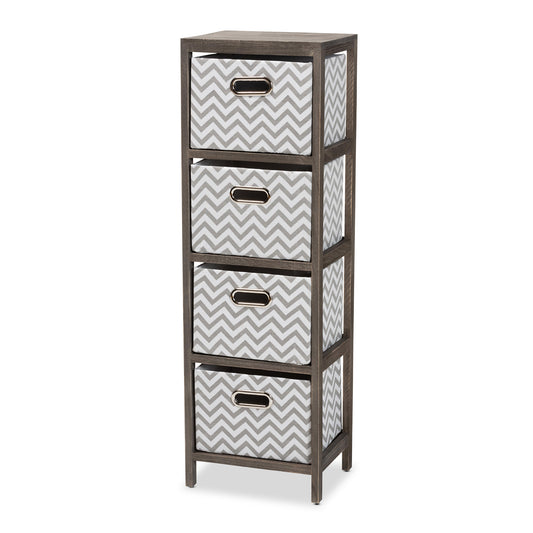 Jorah Tallboy Storage Unit - Modern Grey and White Fabric Upholstered with Greywashed Wood and 4 Baskets for Stylish Organization