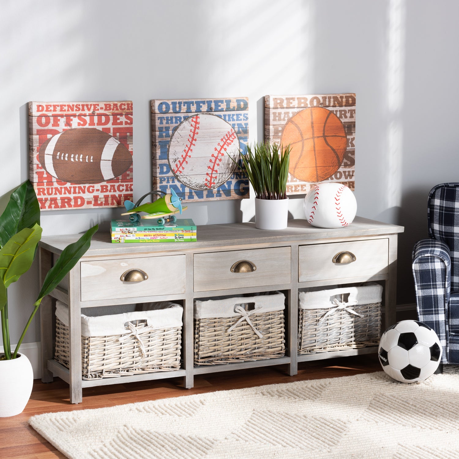 Mabyn Storage Bench - Modern Light Grey Wood with 3 Drawers and Baskets for Organized Living