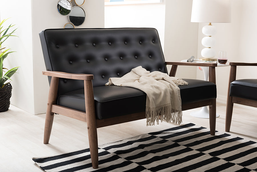 Sorrento Loveseat Mid-century Retro Modern Black Faux Leather Upholstered Wooden 2-seater