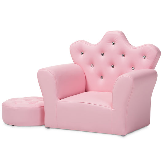 Ava Kids Armchair and Footrest Set Modern Pink Faux Leather 2-Piece Furniture for Children