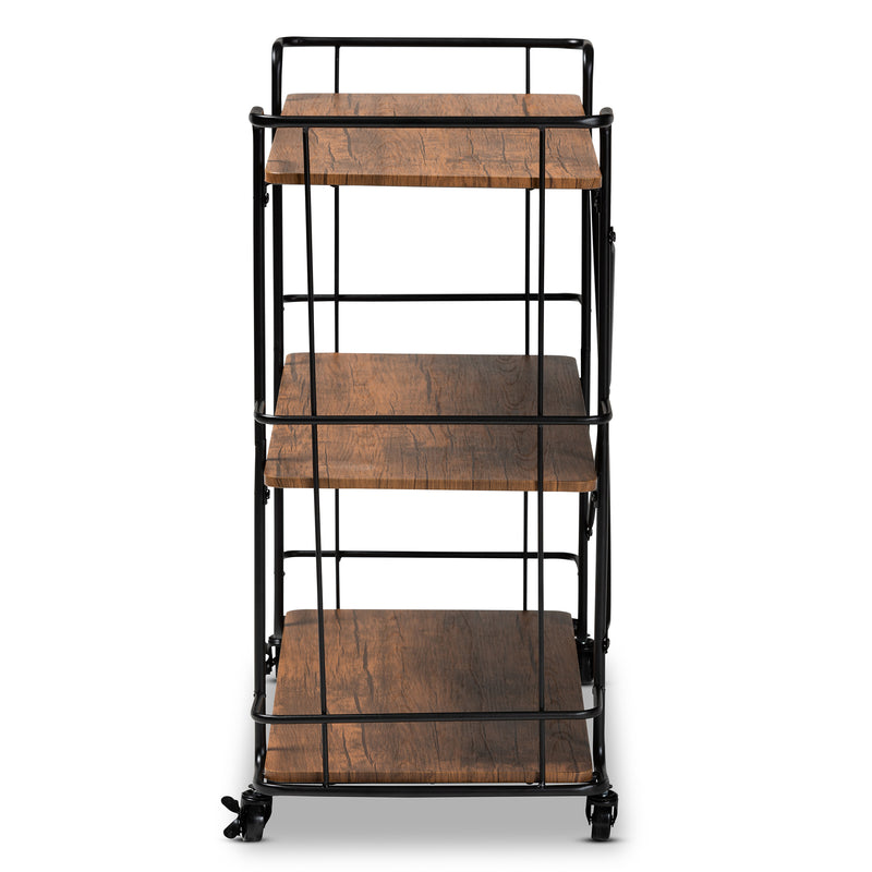 Neal Bar and Kitchen Serving Cart Rustic Industrial Style Black Metal Frame Walnut Finished Wood Top