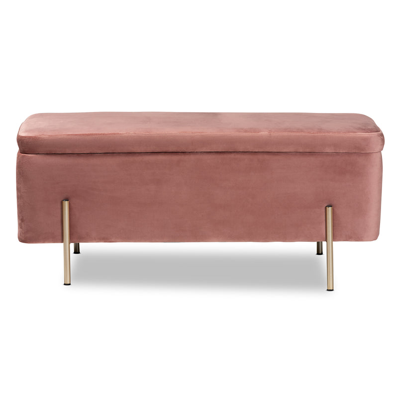 Rockwell Storage Bench Contemporary Glam Luxe Blush Pink Velvet Fabric Upholstered Gold Finished Metal