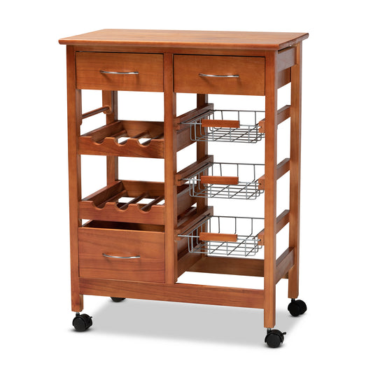 Crayton Mobile Kitchen Storage Cart - Modern Design with Oak Brown Wood and Silver-Tone Metal Accents