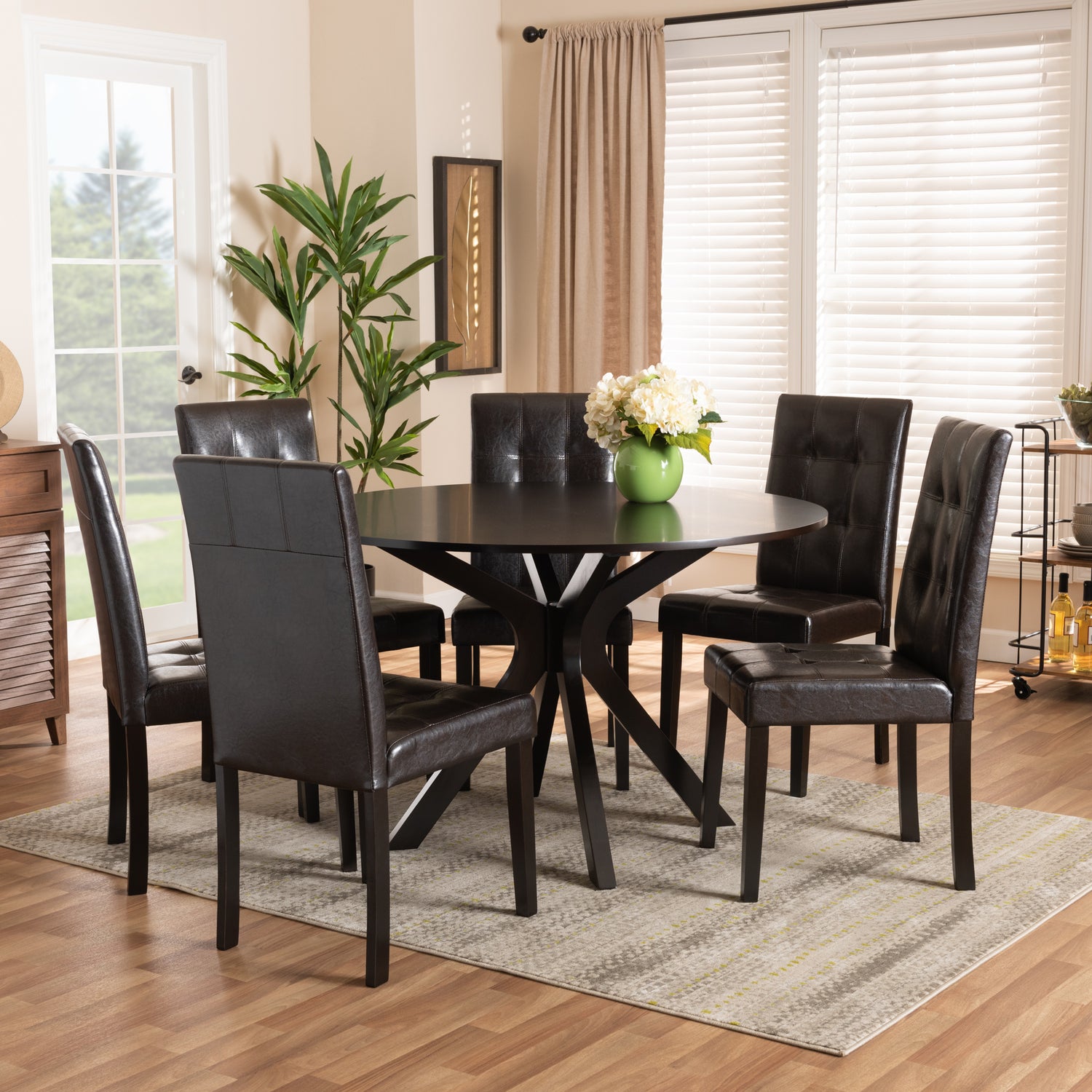 Marie 7-Piece Dining Set Modern Dark Brown Faux Leather Chairs with Dark Brown Finished Wood Table