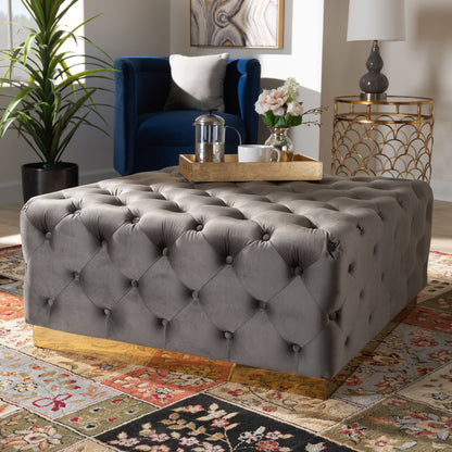 Verene Ottoman Glam and Luxe Grey Velvet Fabric Upholstered Gold Finished Square Cocktail