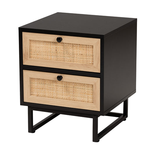 Declan End Table - Mid-Century Modern Espresso Brown Wood with Natural Rattan, Featuring 2 Drawers for Stylish Storage and Organization