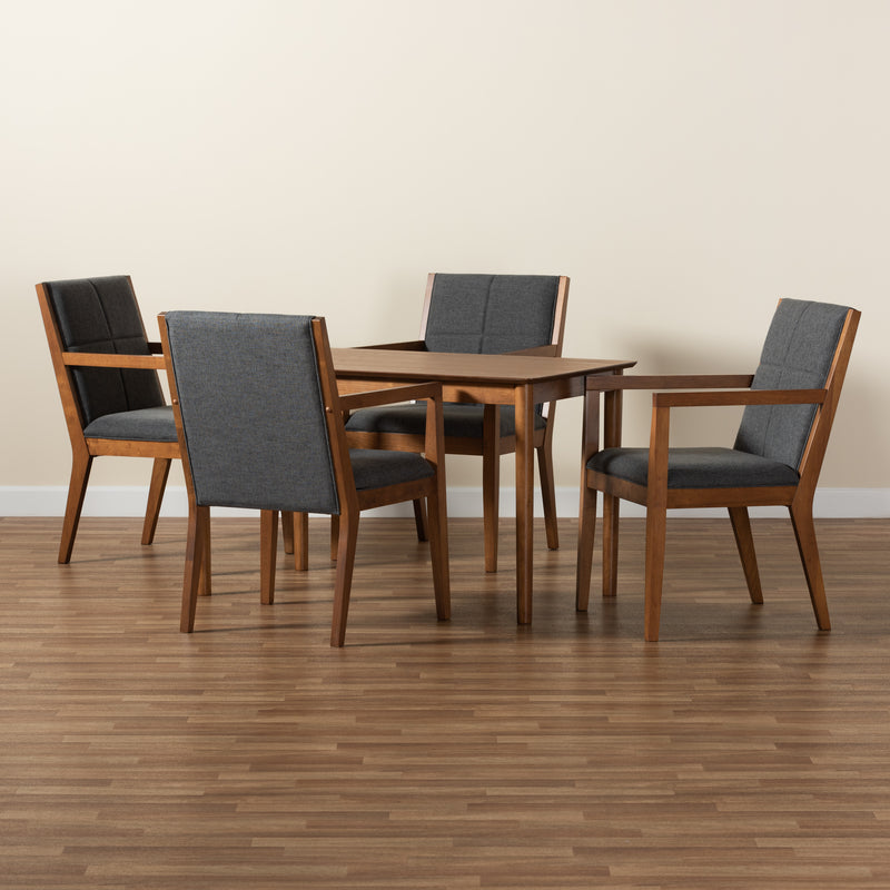 Theresa Dining Set Mid-Century Modern Dark Grey Fabric Upholstered Walnut Brown Finished Wood 5-Piece