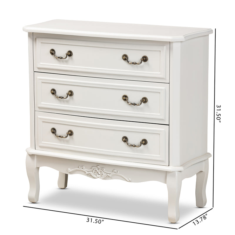 Gabrielle 3-Drawer Wood Storage Cabinet in French Country Style with White Finish for Elegant Home Organization