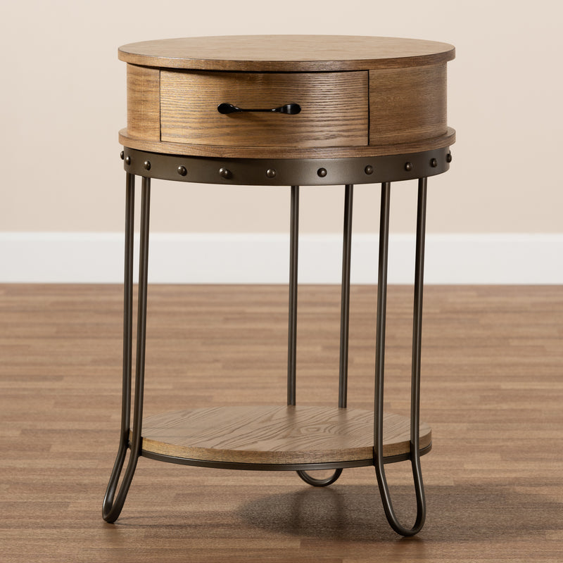 Kellyn End Table Vintage Rustic Industrial Design with Oak Brown Wood and Black Metal, Featuring 1 Storage Drawer