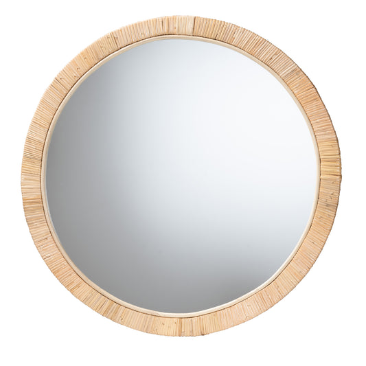 Bella Round Mirror - Modern Bohemian Design in Natural Brown Mahogany and Rattan